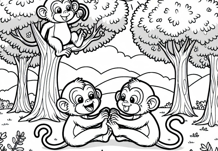 Scimmie che giocano insieme - Disegno da colorare gratuito