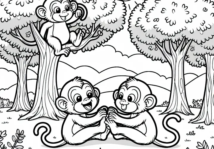 Opice sa hrajú spolu – Bezplatný obrázok na vymaľovanie
