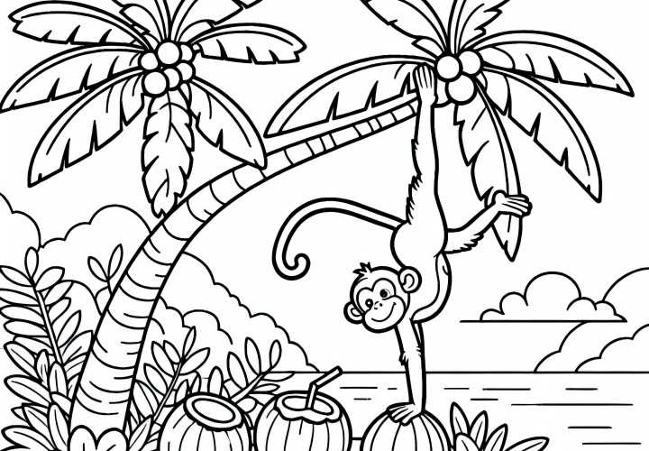 Scimmia che fa acrobazie sugli alberi con noci di cocco – Disegno da colorare gratis