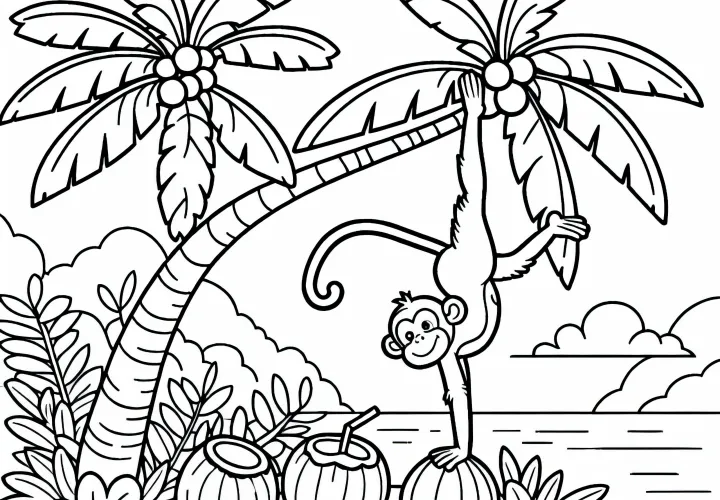 Opica sa hraje na strome s kokosovými orechmi – Omaľovánka zadarmo