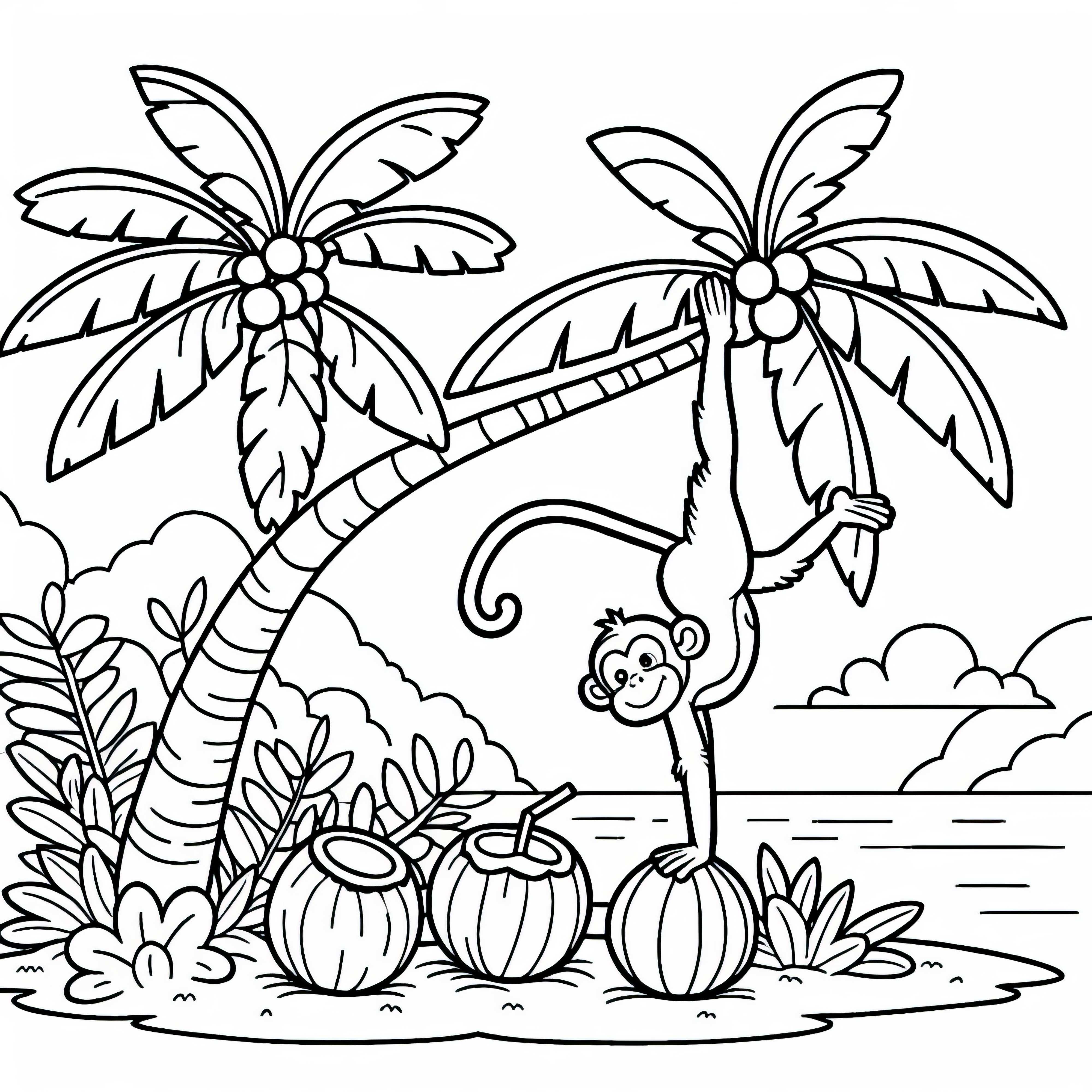 Scimmia che fa ginnastica su un albero con noci di cocco – Disegno da colorare gratuito