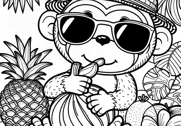 Scimmia con cappello di paglia e occhiali da sole mangia frutta - Disegno da colorare gratuito