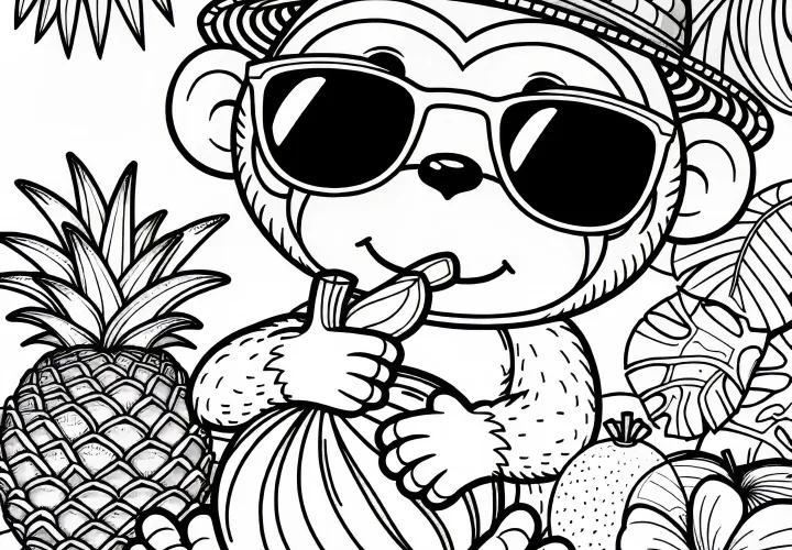 Opica s klobúkom a slnečnými okuliarmi je ovocie - bezplatná vymaľovánka