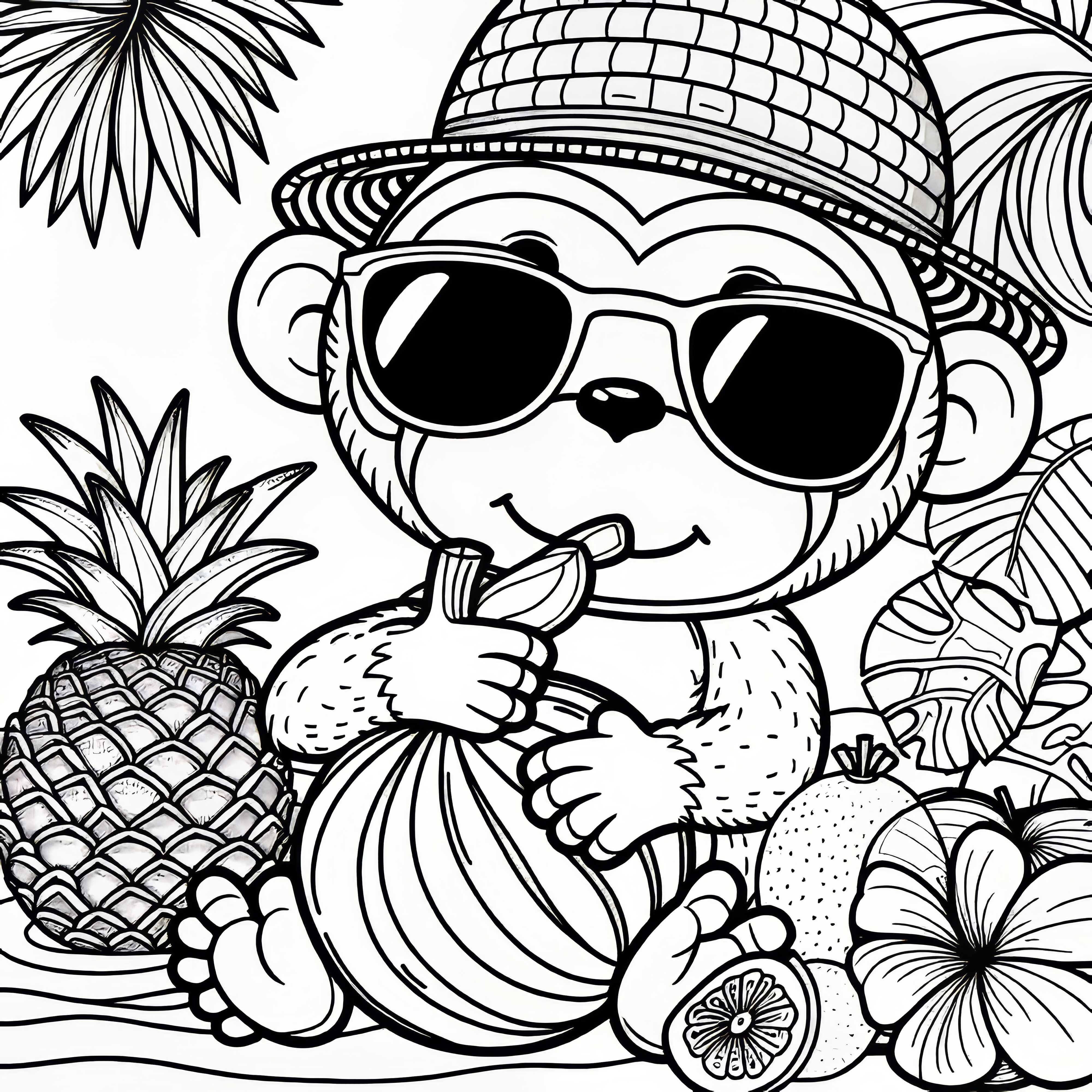 Scimmia con cappello di paglia e occhiali da sole mangia frutta – Disegno da colorare gratuito