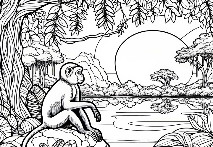 Una scimmia è seduta su una roccia e guarda lontano - Disegno da colorare gratuito