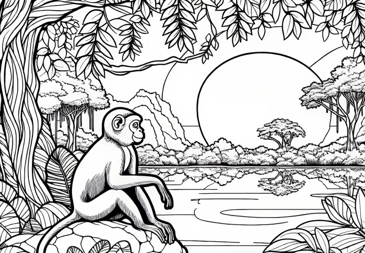 Opica sedí na skale a pozerá do diaľky - Omalovánka zadarmo