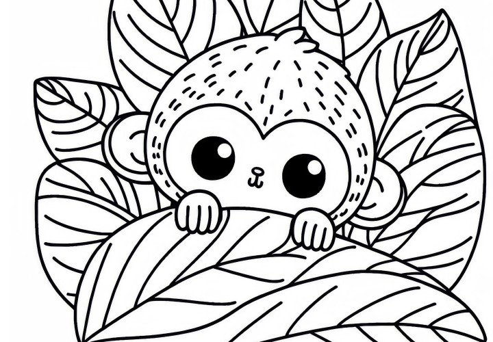 Giovane scimmia si nasconde dietro una foglia – Immagine da colorare gratuita