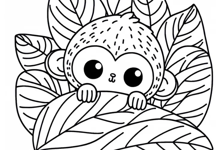 Mladá opica sa skrýva za listom – Omrzová obrazová šablóna zadarmo