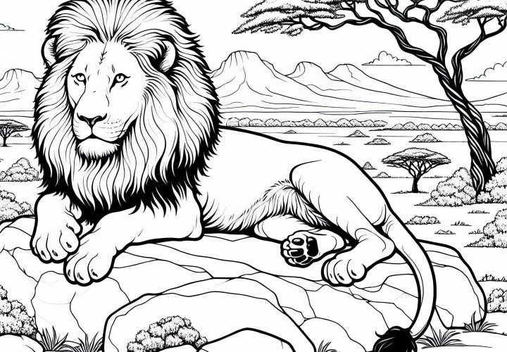 Leul se odihnește măreț pe o stâncă în savană, printre copacii de acacie – desen de colorat gratuit