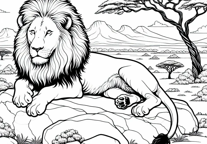 Lev majestátne odpočíva na skale v savane s akáciovými stromami – bezplatná vymaľovánka