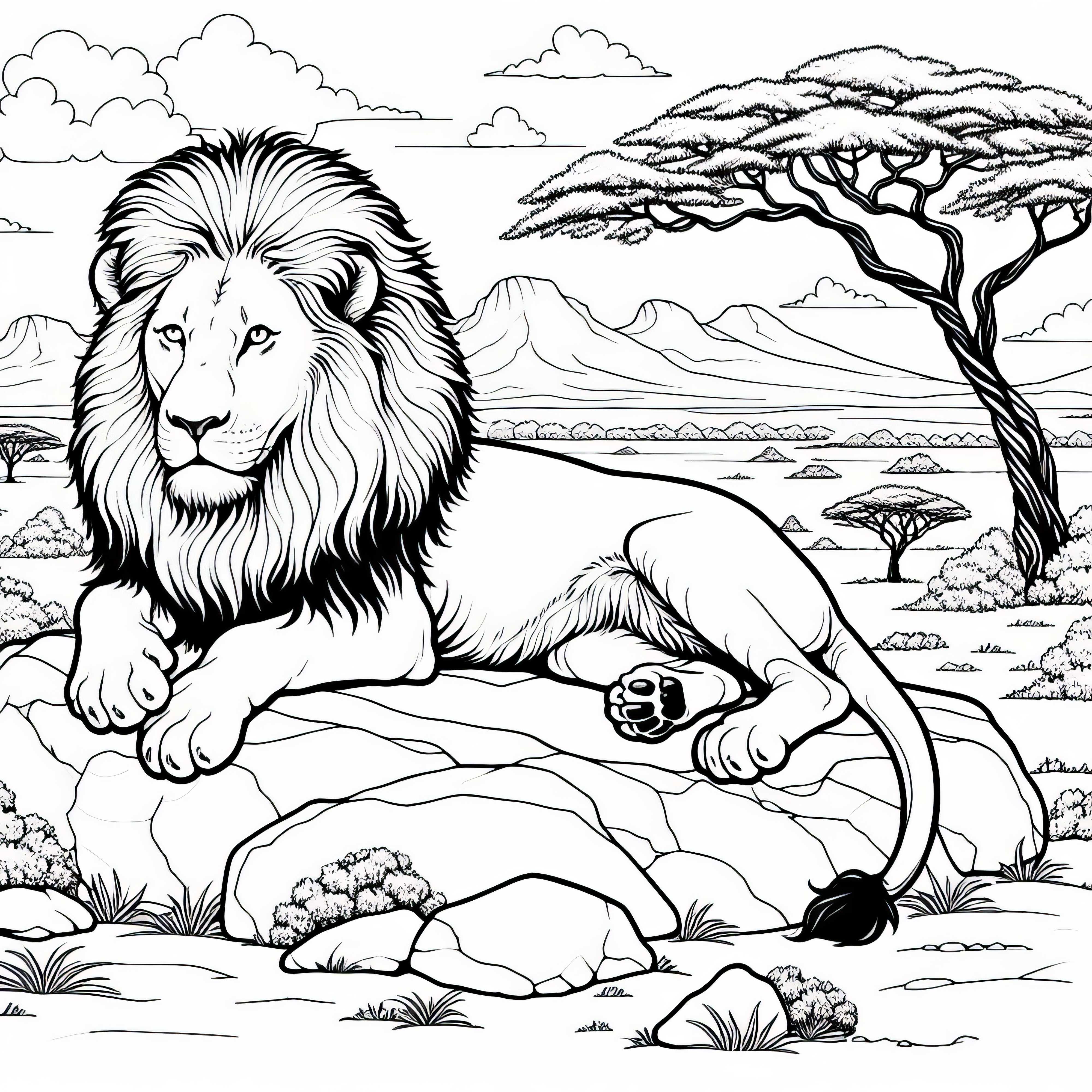 Leul se odihnește măreț pe o stâncă în savană cu copaci de acacia – desen de colorat gratuit