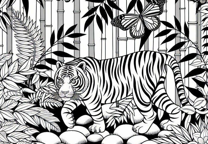 Tiger se furișează prin junglă – Imagine de colorat gratuită