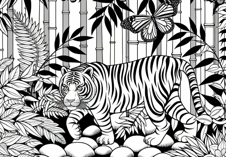 Tiger sa plíži džungľou – Zadarmo omaľovánka