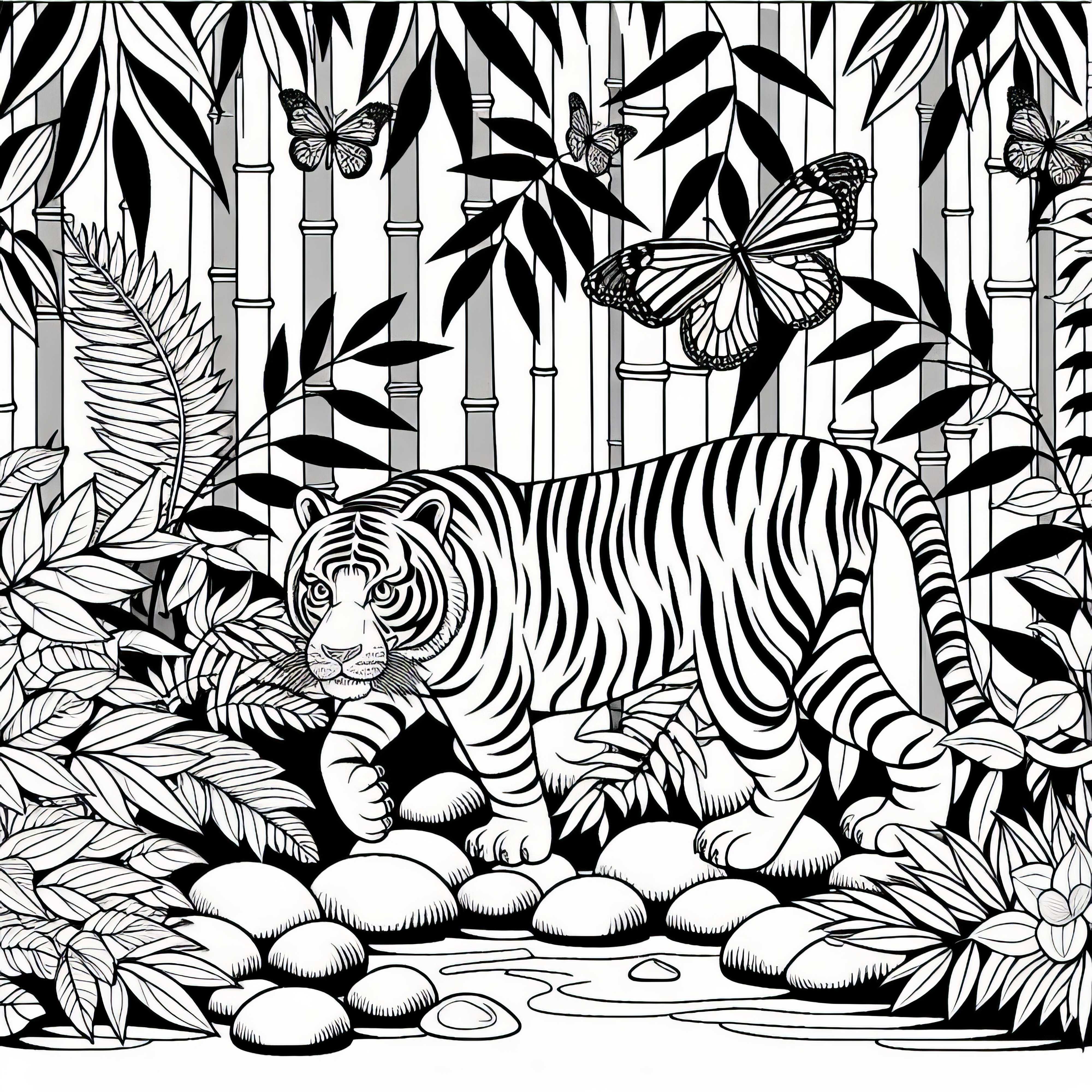 Tigru se furișează prin junglă – Imagine de colorat gratuită Tigru se furișează prin junglă - Imagine de colorat gratuit