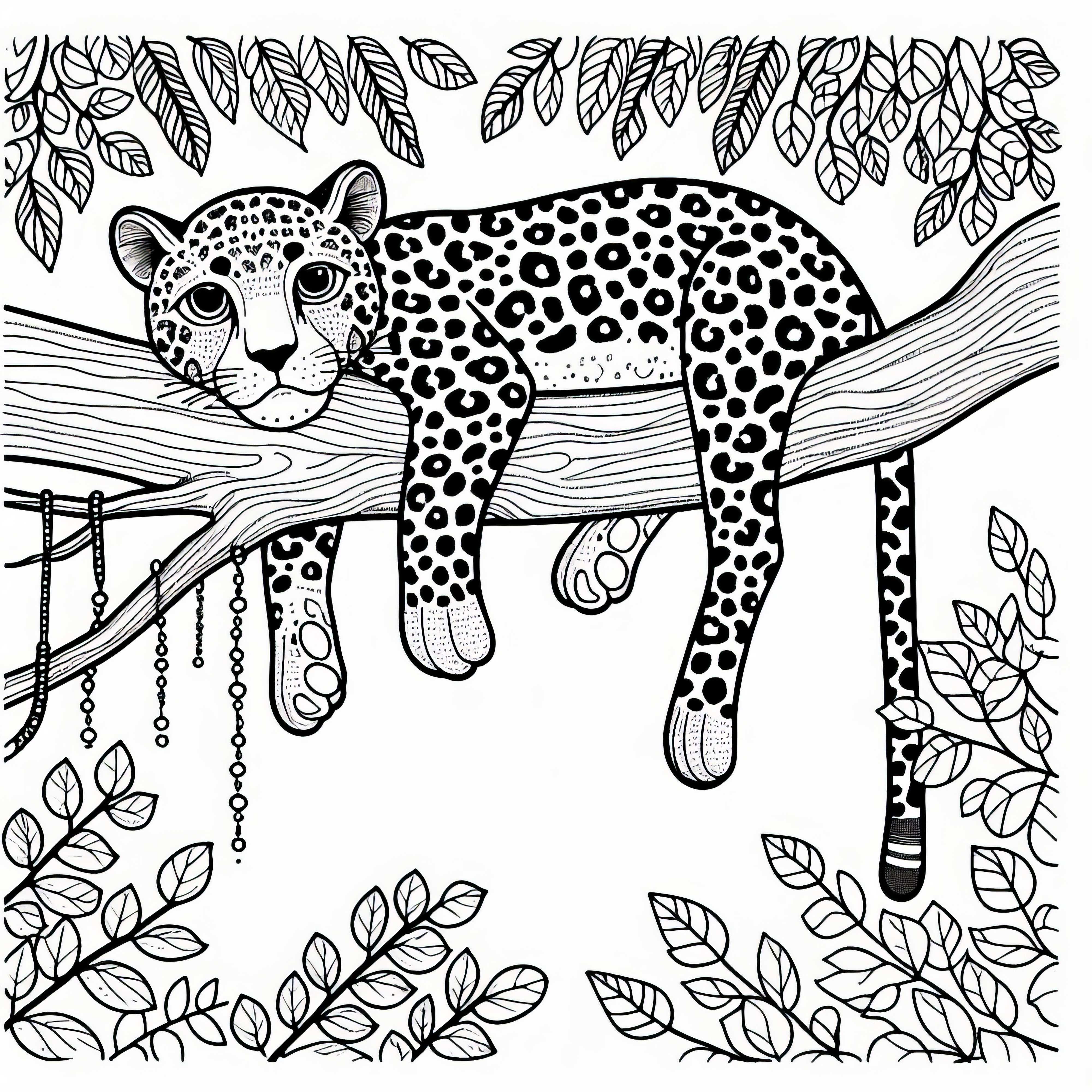 Leopard se află pe o ramură de copac - Schemă de colorat gratuită