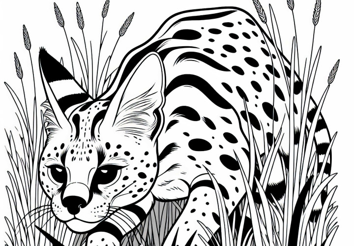 Serval se furisează prin iarbă mare – Planșă de colorat gratuită