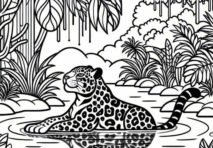 Un jaguar se bălăcește la marginea râului, înconjurat de plante tropicale – Pictură de colorat gratuită