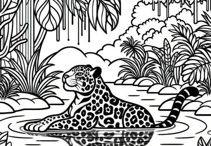 Jaguar sa kúpe pri rieke, obklopený tropickými rastlinami – obrázok na vymaľovanie zdarma