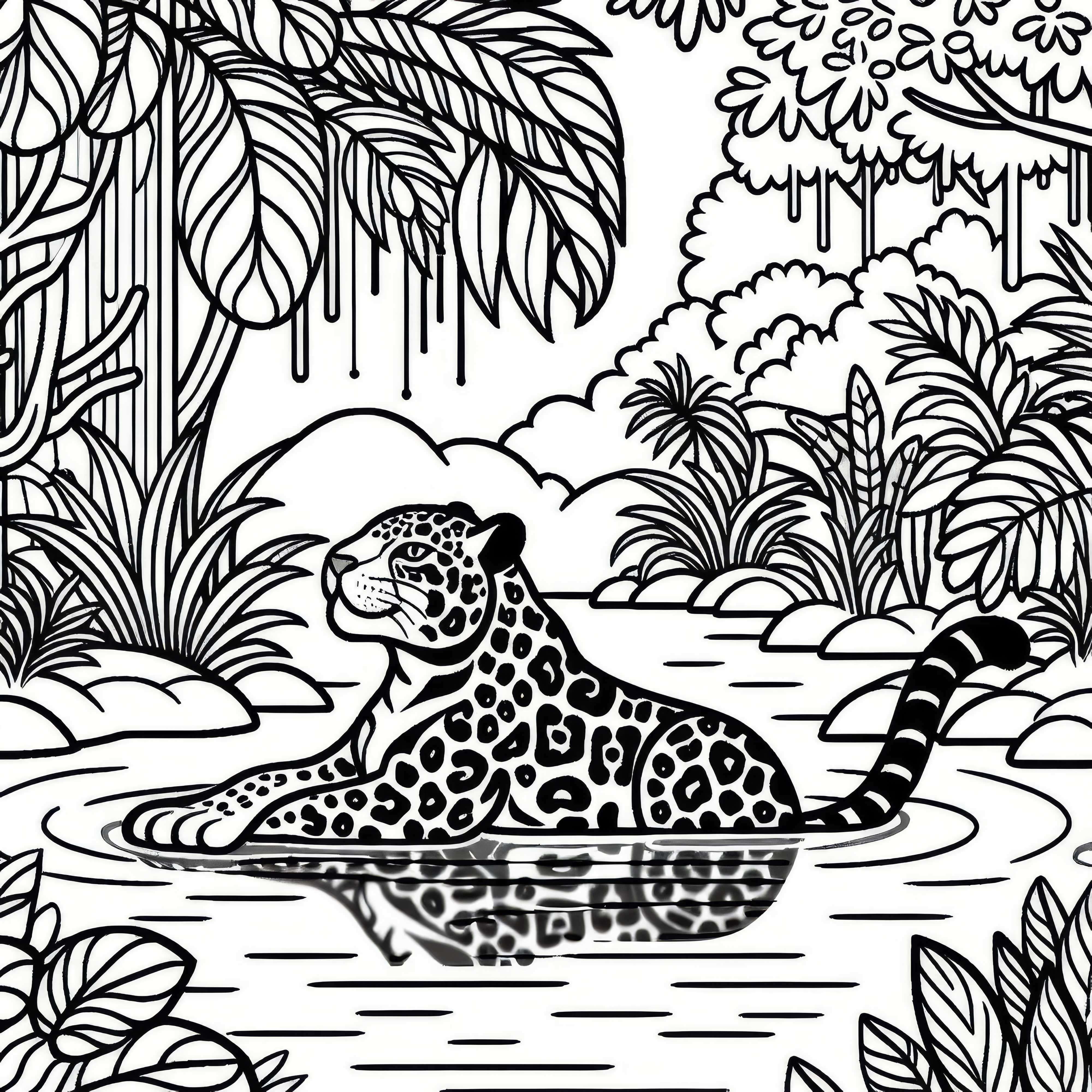 Un jaguar se îmbăiază la malul râului, înconjurat de plante tropicale – Desen de colorat gratuit Un jaguar se află la baie pe malul râului, înconjurat de plante tropicale – Desen de colorat gratuit