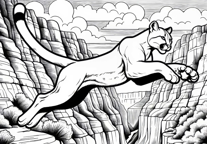 Puma sare peste prăpastie în peisajul canionului – Desen de colorat gratuit