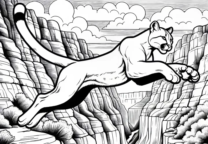 Puma skáče přes propast v kaňonové krajine – zdarma omalovánka