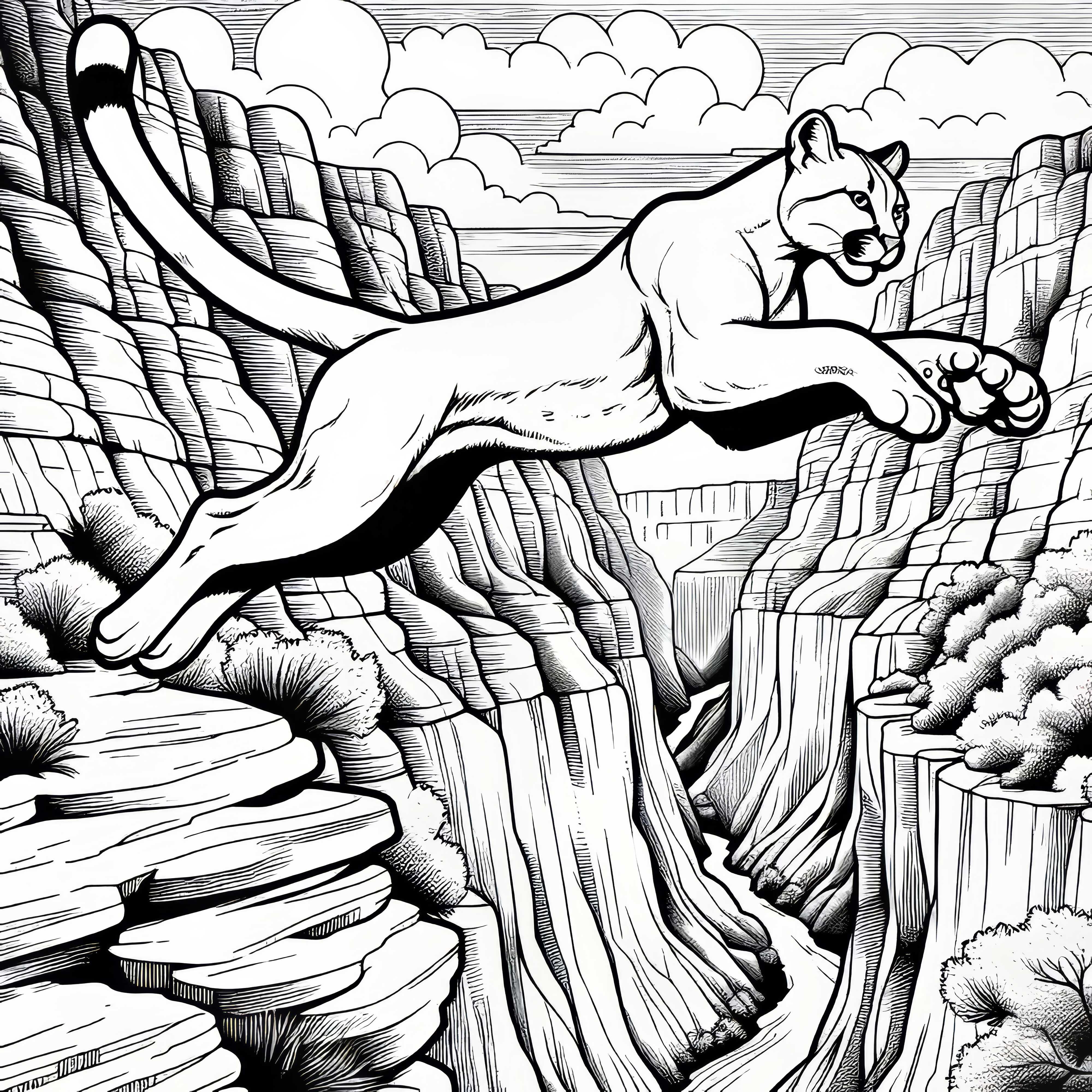 Puma sare peste prăpastie în peisajul canionului – Desen de colorat gratuit