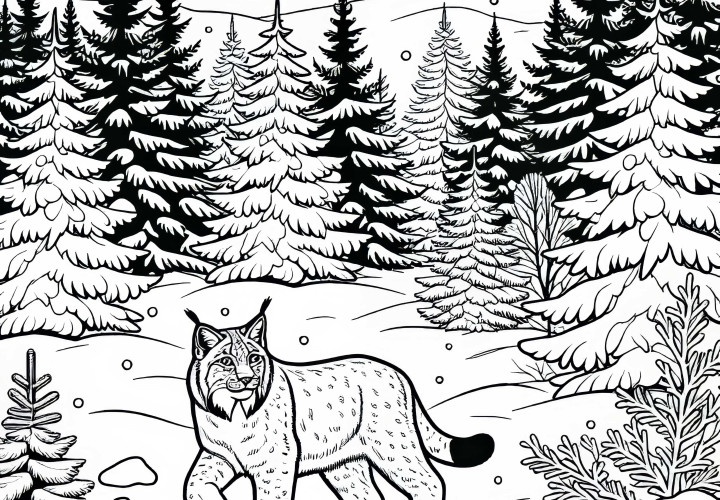 Lynx se plimbă prin pădurea acoperită de zăpadă – desen de colorat gratuit