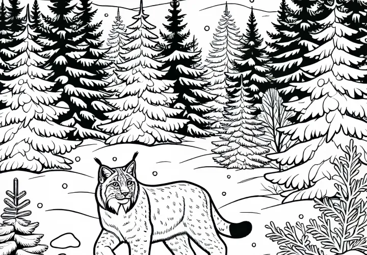 Rys sa prechádza zasneženým lesom – Bezplatná vymaľovánka