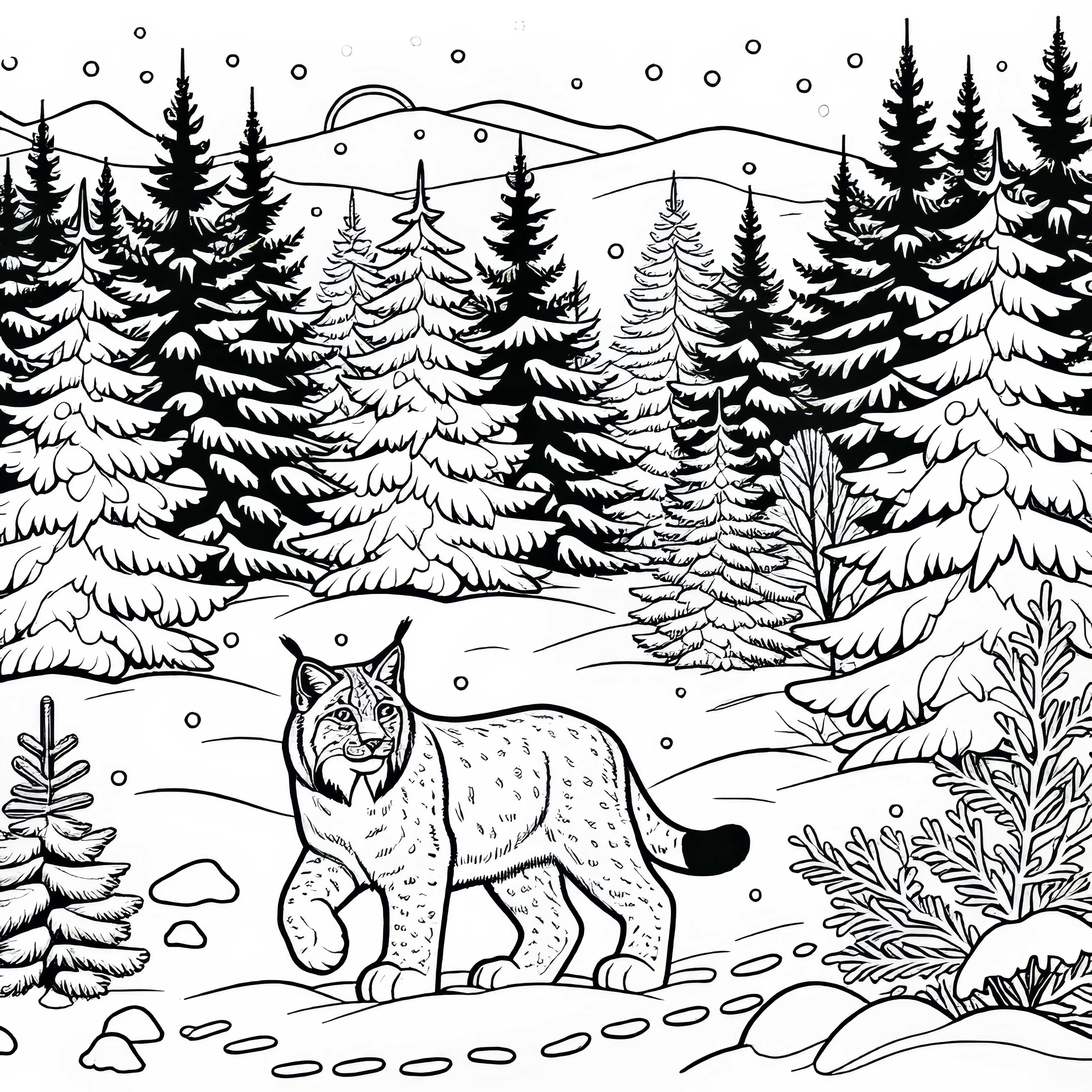 Râsul cutreieră o pădure acoperită de zăpadă – Schiță gratuită de colorat