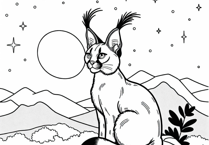 Karakal stă pe deal la apus – Imagine de colorat gratuit