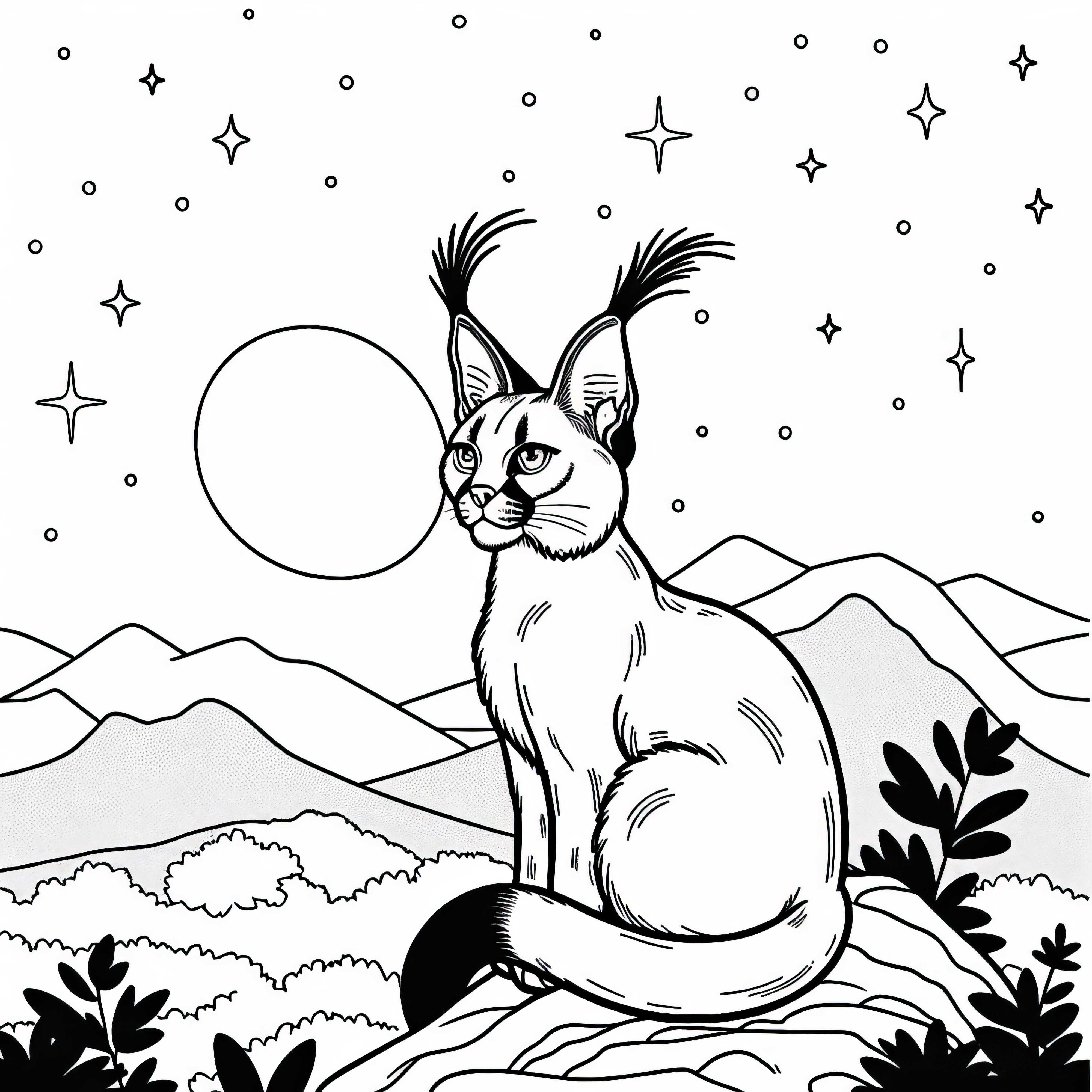 Karakal stă pe un deal la apus – imagine de colorat gratuită