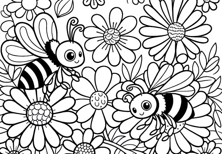Bees on Flowers Coloring Page Free