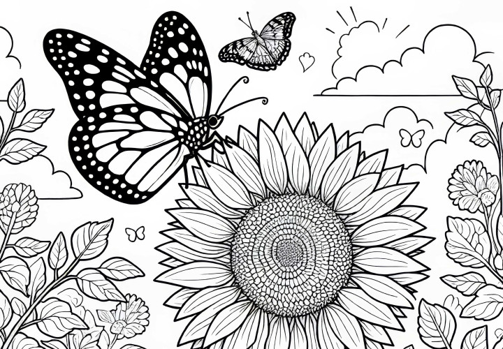 Fluture pe floarea-soarelui – Imagine de colorat gratuită