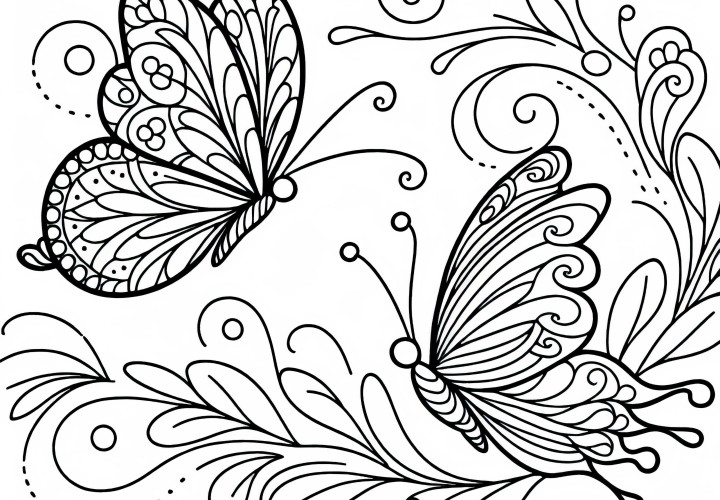 Două fluturi dansează în aer - Pagină de colorat gratuită