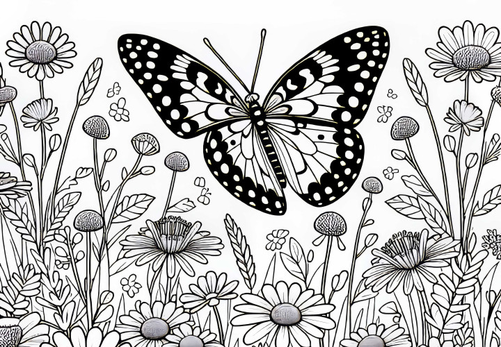 Fluture pe câmp cu multe flori - imagine de colorat gratuit