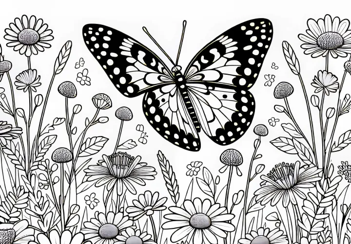 Motýľ na lúke s mnohými kvetmi – Zadarmo na vyfarbenie