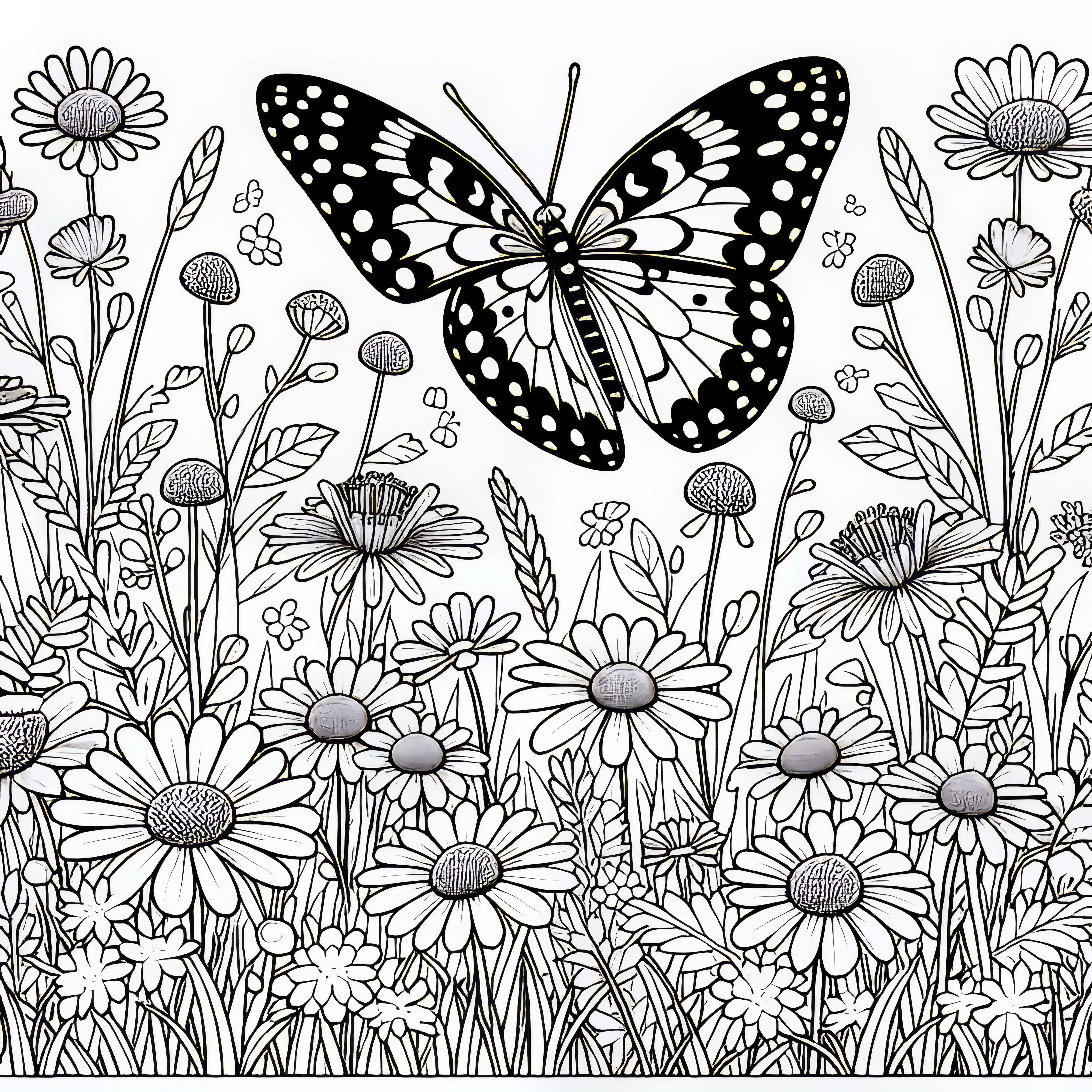 Fluture pe fâneață cu multe flori - Imagine de colorat gratuită Fluture pe fâneață cu multe flori – Desen de colorat gratuit