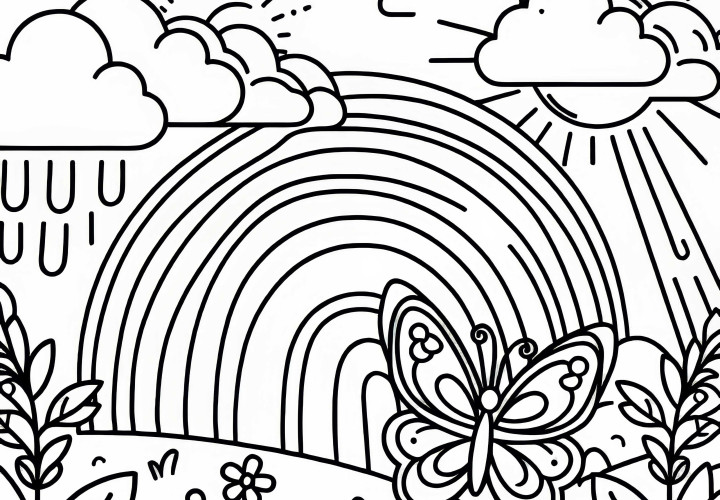Fluture în fața curcubeului ca imagine de colorat gratuit