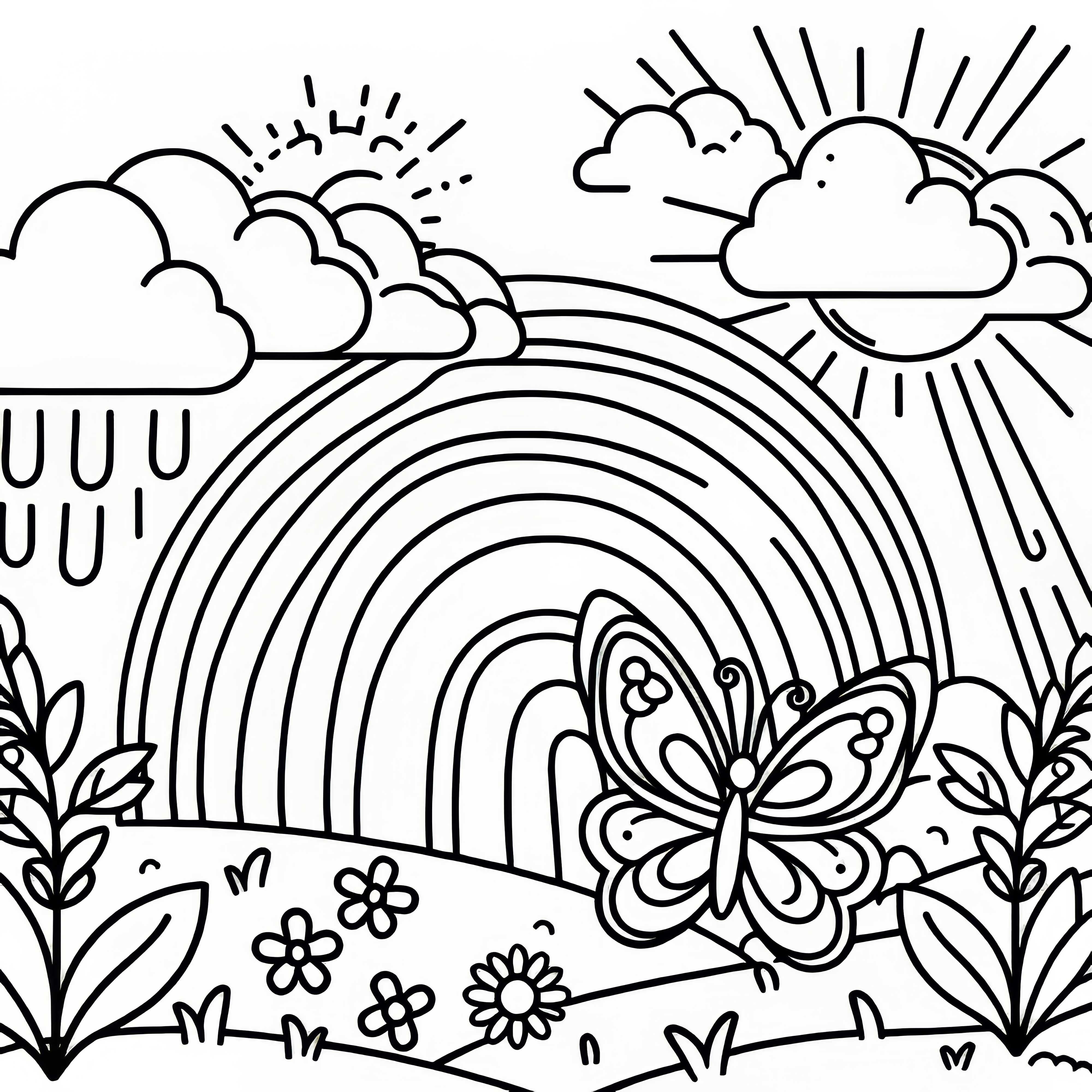 Fluture în fața unui curcubeu ca imagine de colorat gratuit