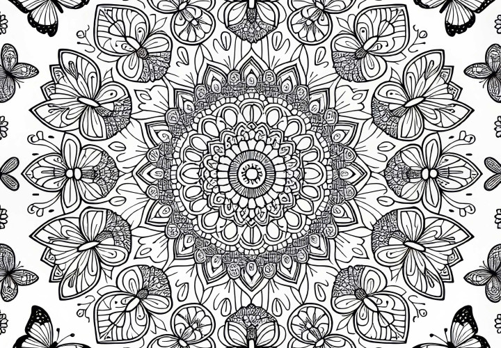 Mandala din fluturi – Desen de colorat Gratuit