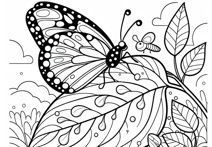 Fluturele se odihnește pe o frunză cu rouă de dimineață – Desen de colorat gratuit