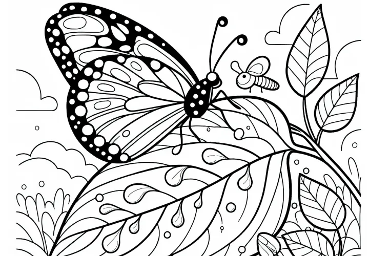 Motýľ odpočíva na liste s rannou rosou – Maľovanka zadarmo