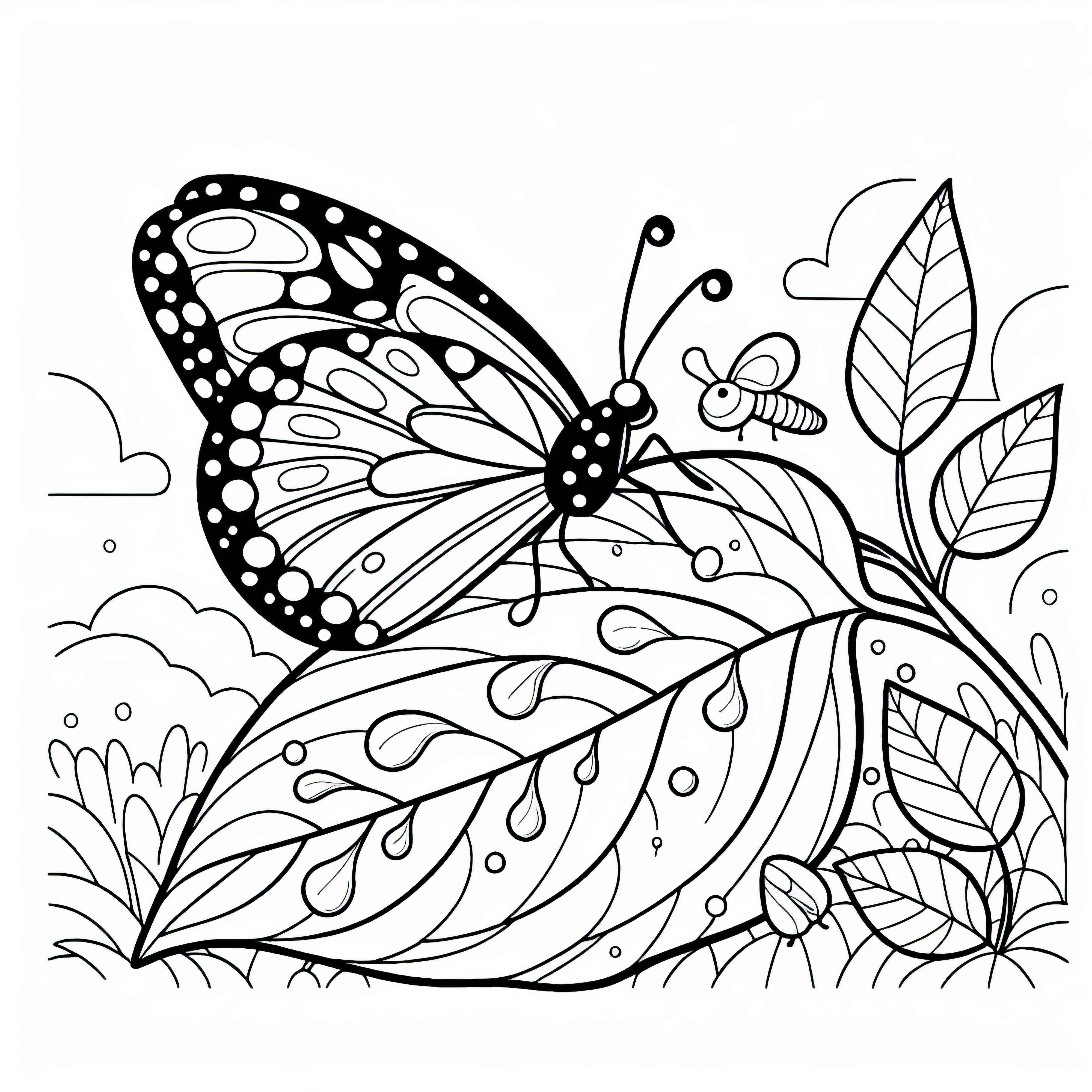 Fluturele se odihnește pe frunza cu roua de dimineață – Imagine de colorat gratuit