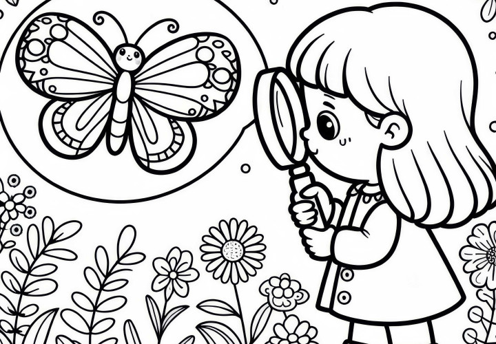 Copilul observă fluturașul cu lupa în grădină – Imagine de colorat gratuită