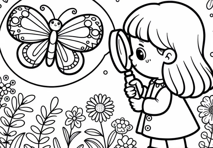 Dieťa pozoruje motýľa s lupou v záhrade – Maľovanka zadarmo