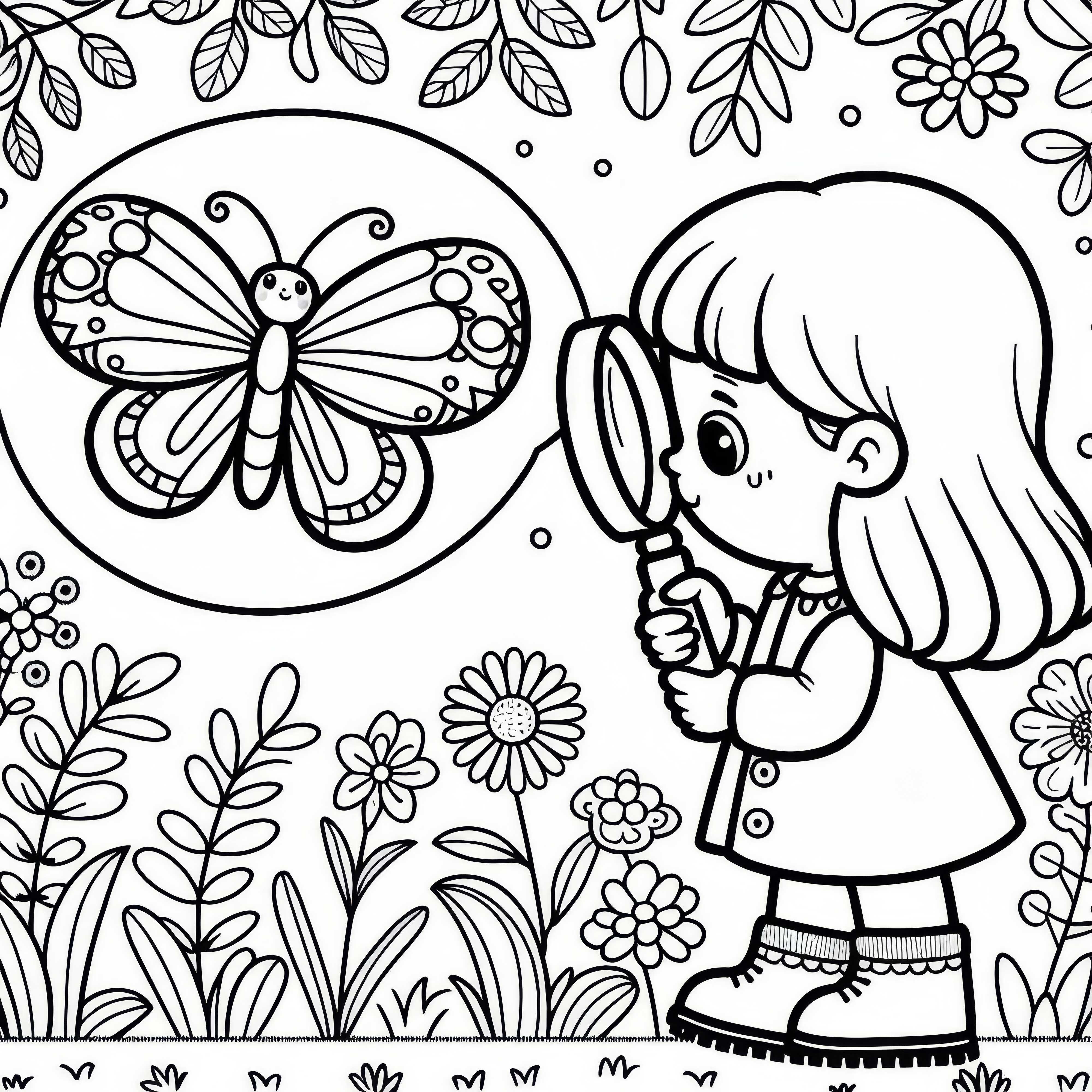 Copil observă fluture cu lupa în grădină – Imagine de colorat gratuită