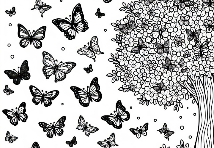 Multe fluturi zboară în jurul unui copac - Fișă de colorat gratuită