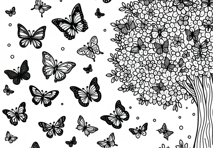 Veľa motýľov lieta okolo stromu – Maľovanka zadarmo
