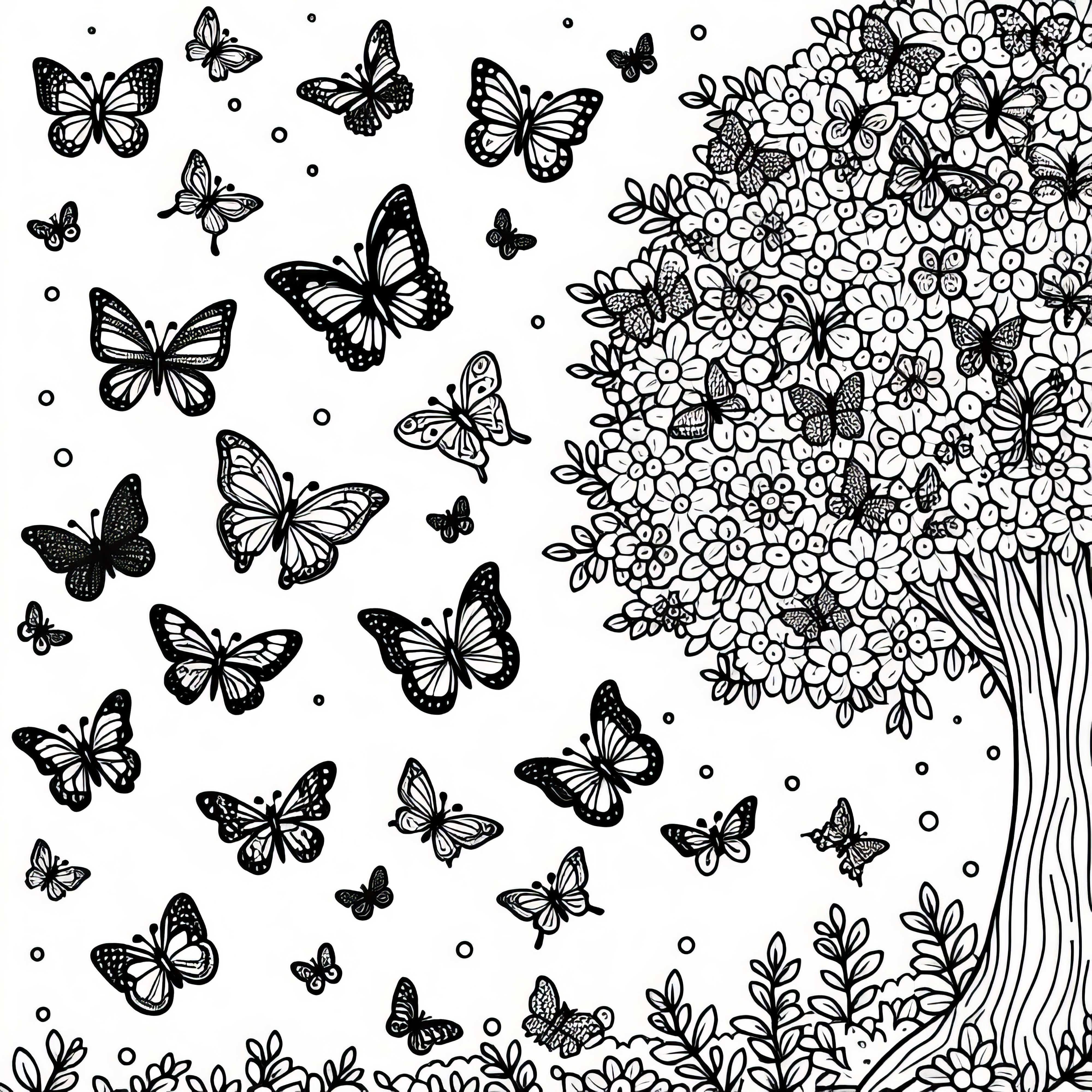 Mulți fluturi zboară în jurul unui copac - Șablon de colorat gratuit Multe fluturi zboară în jurul unui copac - Șabloane de colorat gratuite