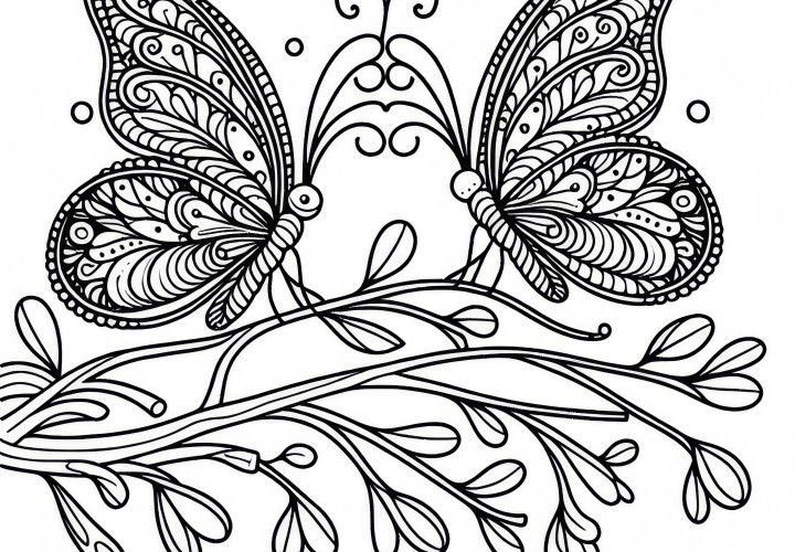 Pereche de fluturi pe o ramură - template de colorat gratuit